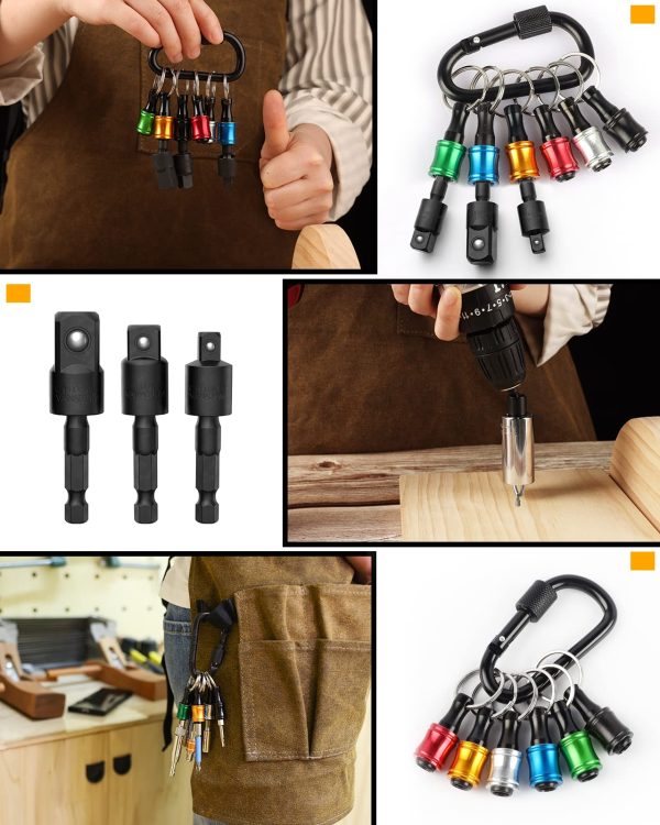 Katerk 1/4 Bit Holder Key Chain Cool Gadgets, Drill Bit Holder for Impact Driver, w/Impact Socket Adapter for Drills, 360° Rotatable and Hex 1/4" 3/8" 1/2" Drill Socket Adapter for Automotive DIY - Image 6