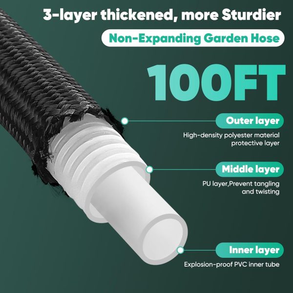 Garden Hose 100FT, Non-Expanding, Lightweight Hose With 8 Function Nozzle, Leak-Proof, No-Knot, Easy to Carry, Wear-Resistant, Sturdy, Flexible, 3/4GHT, Water Hose for Yard, Garden, Outdoor - Image 2
