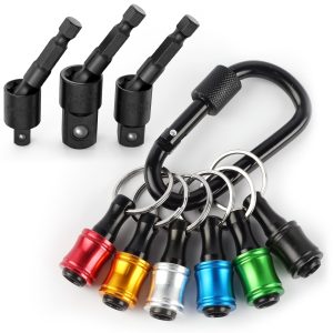 Katerk 1/4 Bit Holder Key Chain Cool Gadgets, Drill Bit Holder for Impact Driver, w/Impact Socket Adapter for Drills, 360° Rotatable and Hex 1/4" 3/8" 1/2" Drill Socket Adapter for Automotive DIY