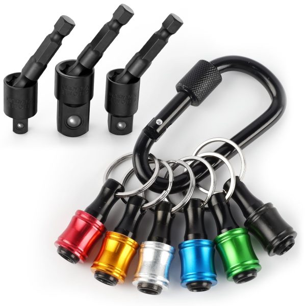 Katerk 1/4 Bit Holder Key Chain Cool Gadgets, Drill Bit Holder for Impact Driver, w/Impact Socket Adapter for Drills, 360° Rotatable and Hex 1/4" 3/8" 1/2" Drill Socket Adapter for Automotive DIY