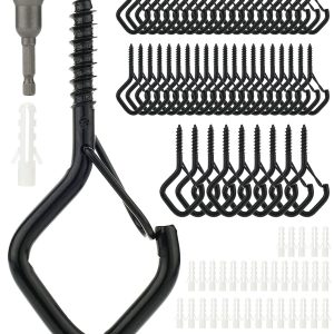 Katerk 50 Pack Screw in Hooks for Outdoor String Lights W/Safety Buckle 1 Nut Drive, Square Snap Ceiling Hooks for Hanging Christmas Light, Plants, Ornament, Windproof Eye Hook for Outside