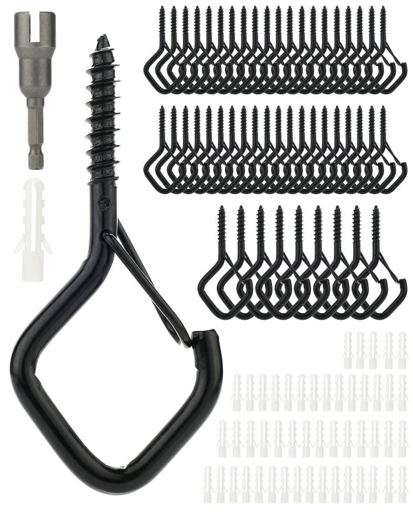 Katerk 50 Pack Screw in Hooks for Outdoor String Lights W/Safety Buckle 1 Nut Drive, Square Snap Ceiling Hooks for Hanging Christmas Light, Plants, Ornament, Windproof Eye Hook for Outside