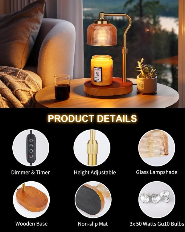 Candle Warmer Lamp Electric Candle Warmer with Timer Dimmable Candle Lamp Warmer with 3 Bulbs Height Adjustable Wax Melt Warmer for Bedroom Home Decor, Amber Gold - Image 9