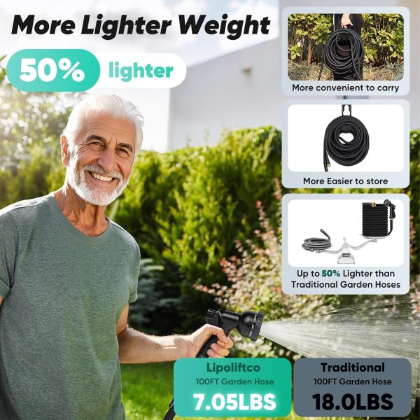 Garden Hose 100FT, Non-Expanding, Lightweight Hose With 8 Function Nozzle, Leak-Proof, No-Knot, Easy to Carry, Wear-Resistant, Sturdy, Flexible, 3/4GHT, Water Hose for Yard, Garden, Outdoor - Image 3