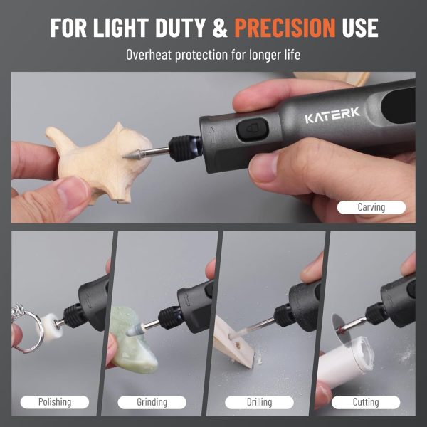 Katerk Cordless Rotary Tool Kit, 3.7V Mini Rotary Tool with 5 Speed and 70PCS Accessories, 20000RPM, USB Charging Multi-Purpose Power Tool for Engraving, Sanding, Drilling, Polishing, Cutting, Grey - Image 6