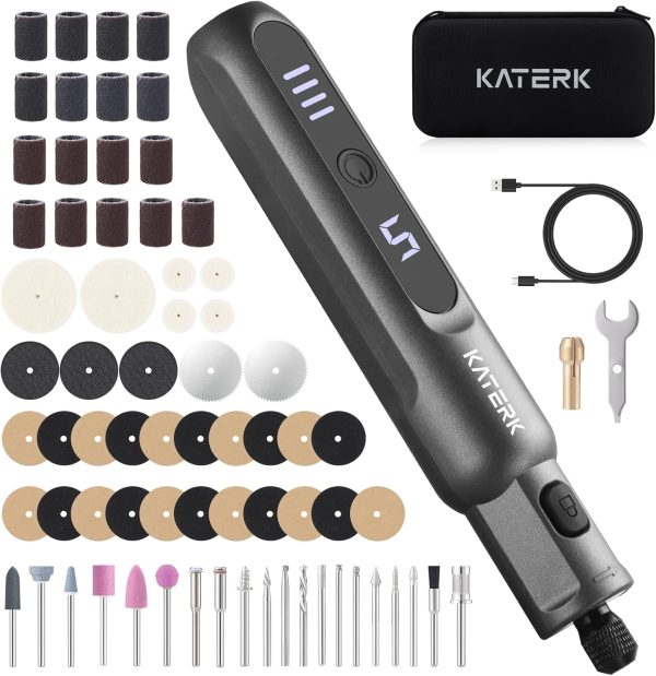 Katerk Cordless Rotary Tool Kit, 3.7V Mini Rotary Tool with 5 Speed and 70PCS Accessories, 20000RPM, USB Charging Multi-Purpose Power Tool for Engraving, Sanding, Drilling, Polishing, Cutting, Grey