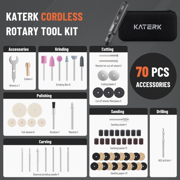 Katerk Cordless Rotary Tool Kit, 3.7V Mini Rotary Tool with 5 Speed and 70PCS Accessories, 20000RPM, USB Charging Multi-Purpose Power Tool for Engraving, Sanding, Drilling, Polishing, Cutting, Grey - Image 7