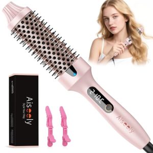 AISEELY Thermal Brush Curling Iron, 1.5 Inch Ceramic Heated Round Brush, Curly and Straight Hair, 5 Temperature Settings, Negative Ion Less Damage, Dual Voltage Hair Tools, Pink