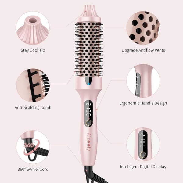 AISEELY Thermal Brush Curling Iron, 1.5 Inch Ceramic Heated Round Brush, Curly and Straight Hair, 5 Temperature Settings, Negative Ion Less Damage, Dual Voltage Hair Tools, Pink - Image 6