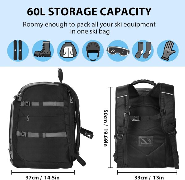 Rofawee Ski Boot Bag, 60L Ski Boot Travel Backpack Waterproof Snowboard Boot Backpack for Travel Stores Ski Gear Including Helmet, Goggles, Gloves, Snowboard & Accessories - Image 2