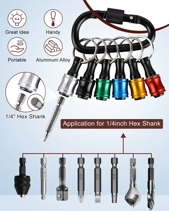 Katerk 6pcs 1/4 inch Hex Shank Aluminum Alloy Screwdriver Bits Holder 2 Sets, Light-weight Quick-change Extension Bar Keychain Drill Screw Adapter Change Portable (With Black Carabiner) - Image 2